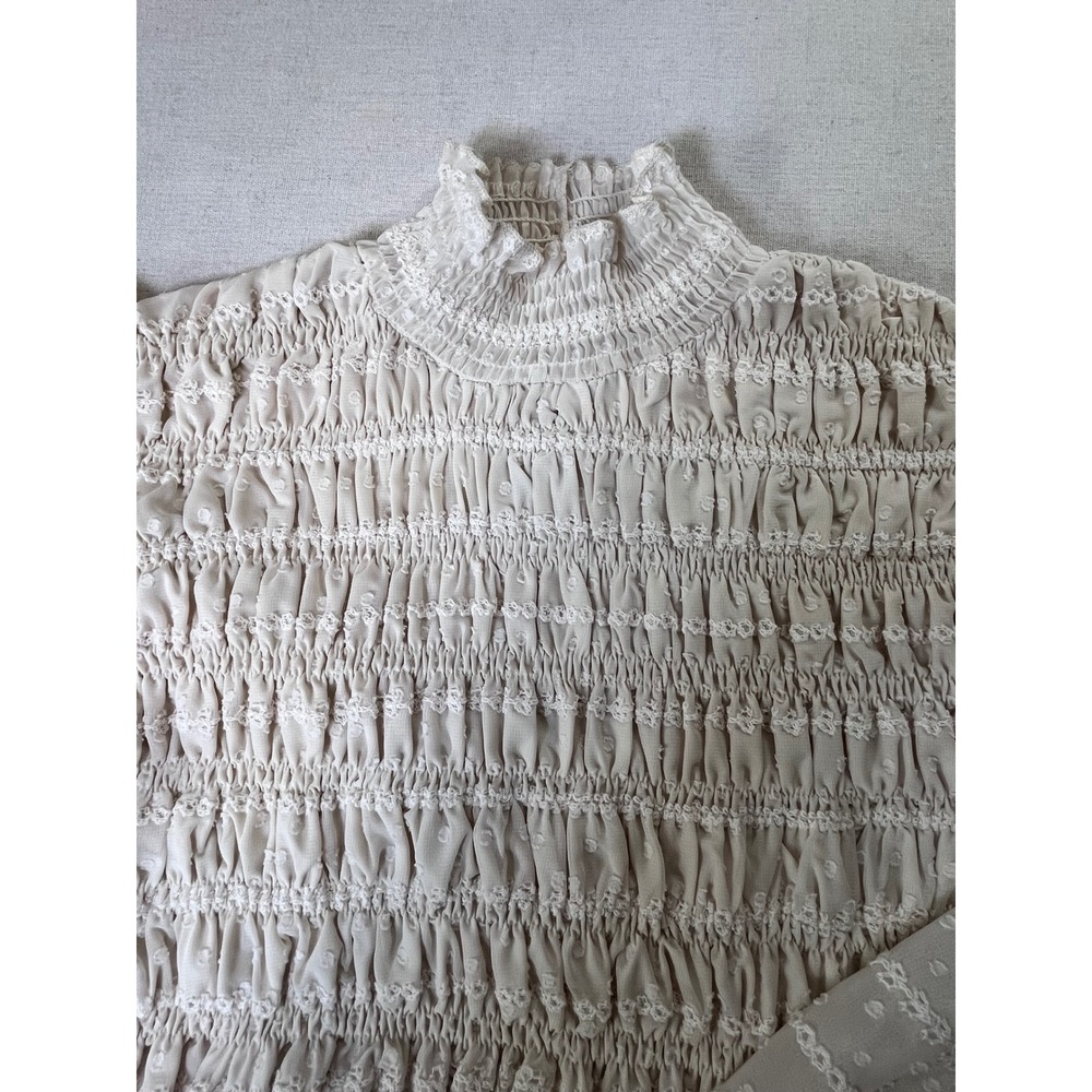 Cider Cream Smocked Peplum Blouse sz M Mock Neck Swiss Dot Embroidered Romantic - Picture 3 of 16